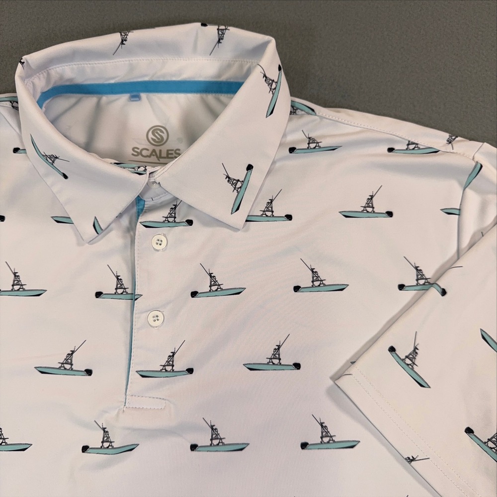 Scales Mens XL Performance Polo Shirt White Skiff Boat Print Fishing